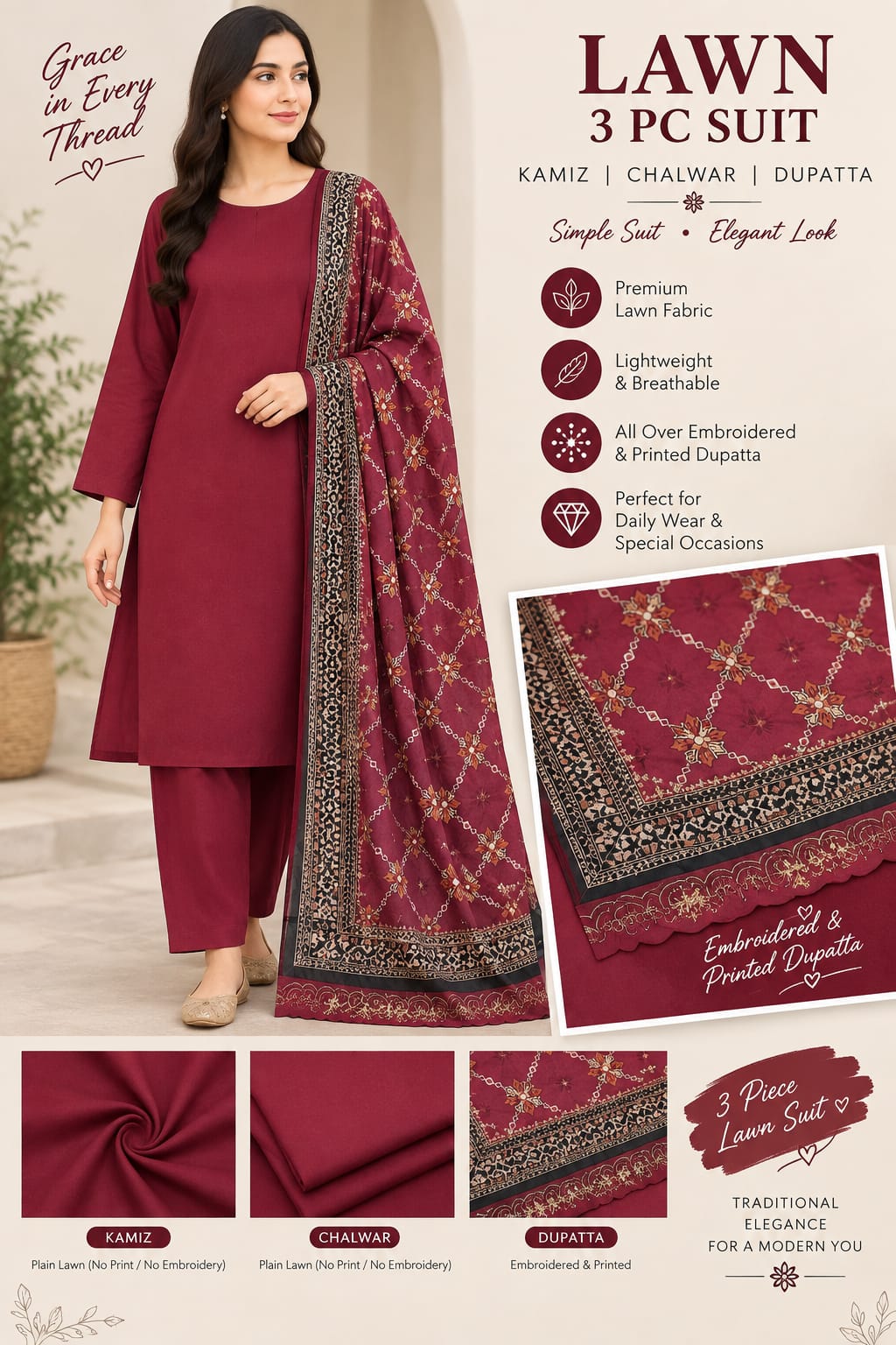 Lawn 3PC unstitch suit